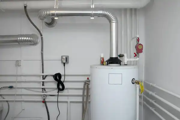 A Legacy Precision HVAC water heater with metal pipes, installed in a spotless utility room with neatly exposed piping along the walls.